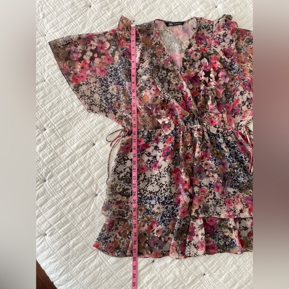 ZARA Floral Printed V-Neck Ruffle Detail Flutter Sleeve Tie Mini Dress Size S - Picture 12 of 13